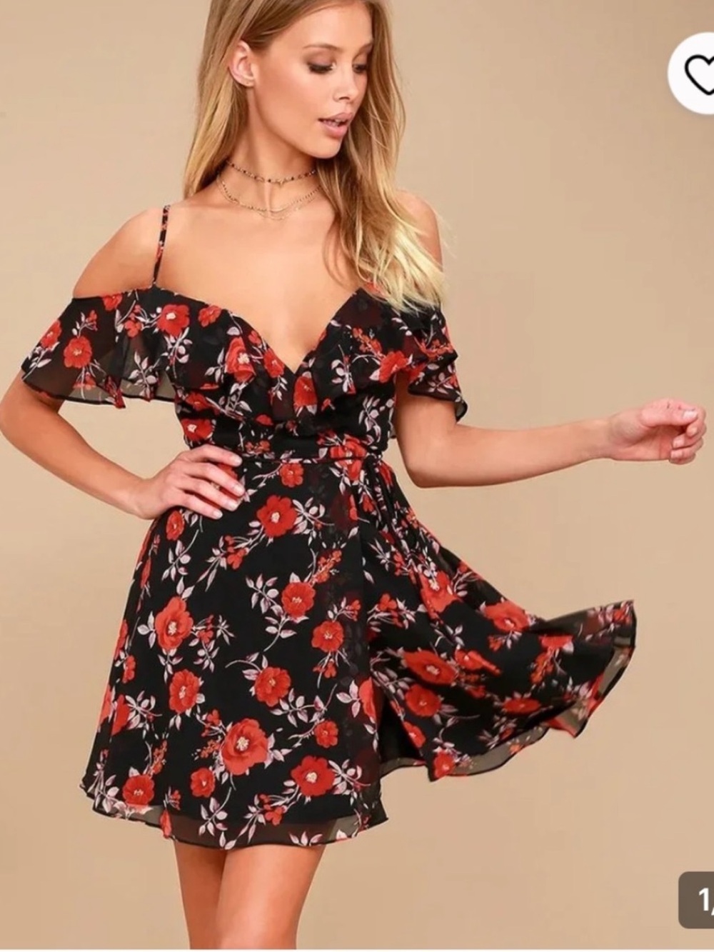 Lulus Devoted to Love Black Red Floral Wrap Mini Dress Ruffle M